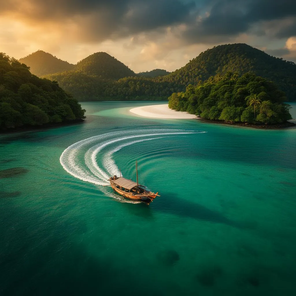 Aerial view of a traditional boat cruising through Andaman's emerald waters at golden hour